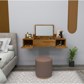Resim WOODFACE Ceviz Masif Ahşap Masif Aynalı Makyaj Masası Duvara Monte 2 Raflı Tuvalet Masası Amber 