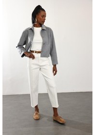 Resim Gri Gömlek Yaka Kısa Yün Ceket Gri 