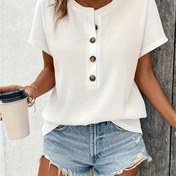 Resim 1 Adet Kadın Rahat Yuvarlak Yaka Kısa Kollu Üst, Düğme Detaylı Düz Renkli Örgü Kumaş, Polyester %95 Elastan %5, Yazlık Normal Uzunlukta Şık Tişört 