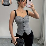 Resim Kadınların Siyah ve Beyaz Houndstooth Geniş Bacaklı Üstü, Ön Düğme Detayı ile - Şık Spagetti Askılı, İlkbahar/Yaz/Sonbahar için Dar Kesim, Günlük Moda|Sleek Siyah Üst|Azimli Moda 