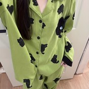 Resim Kadın Japon Tarzı Sevimli Kedi Pijama Takımı - Uzun Kollu & Kedi Baskılı Pantolon, Canlı Yeşil & Düğmeli Ön, Günlük İlkbahar/Sonbahar Giyim 