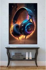 Resim Mgi Design Neon Işıklı Alevli Kulaklık Kanvas Tablo, Müzik Temalı, Genç Odası ve Ofis, 50x70 cm 