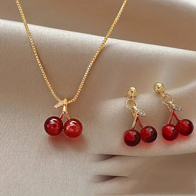 Resim Moda Kadın 3 Parça Takı Seti - Kiraz Kolye ve Küpe ile Günlük Stil 