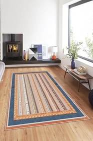 Resim Pelangi Vizon Kilim Desenli Mavi Çerçeve Yıkanabilir Kaymaz Taban Leke Tutmaz Modern Salon Halısı Ve Yolluk, Mavi-Turuncu 80 x 50, 1358090805005 