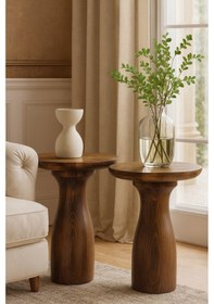 Resim Doğal Ahşap Ceviz Renk Yan Sehpa Seti 2 Li Masif Zigon Takımı Kahverengi 