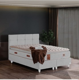 Resim Gümüş Çift Kişilik Baza Başlık Real Pedli Yatak Seti Beyaz 180 x 200 