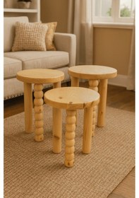 Resim Naturel Renk 3 Lü Ahşap Mantar Sehpa Seti Doğal Zigon Fiskos Bej 