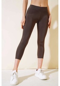 Resim Esnek Yüksek Bel Kahverengi Uzun Parlak Disco Tayt Kahverengi 