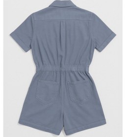 Resim Blue White Kadın Kısa Kollu Fermuarlı Beli Lastikli Jean Tulum Şort mavi 