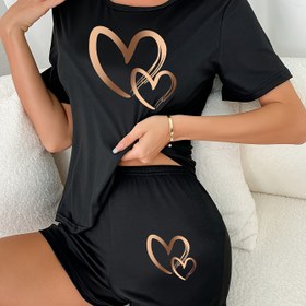Resim Kadınlar için Kısa Kollu ve Pantolonlu Çift Aşk Baskılı Pijama Takımı 