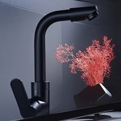Resim Modern Siyah Çift Kontrol Musluğu, Döner Püskürtme Başlığı, Kalınlaştırılmış Tasarım ve Dahili Filtre - Mutfak veya Banyo için Çağdaş Stil, Mutfak Musluğu, Şık Metalik Kaplama, Dayanıklı Yapı 