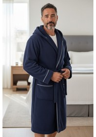 Resim % 100 Pamuklu Laodikeia Kapşonlu Unisex Kadın Erkek Bornoz Lacivert 