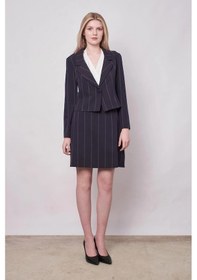 Resim Kadın Çizgili Yakalı Uzun Kol Hafif Likralı Kumaş Kısa Blazer Ceket-lacivert Çizgi Lacivert Ç. 