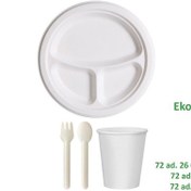 Resim Ekolojik 26 Cm. 3 Bölmeli 72 Kişilik Parti Piknik Sofra Sunum Seti -tabak Bardak Çatal Kaşık Takımı 