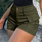 Resim Kadınlar için Yüksek Bel Kargo Şortları - Siyah, Elastik Bel, Düğme Detayı, Hafif Polyester, Bahar/Yaz/Sonbahar için Mükemmel, Günlük Giyim|Flap Cep Şortları|Polyester Şortlar 