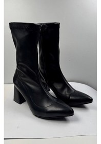 Resim Kadın Deri Bot Sivri Burun Dikiş Detaylı Fermuarlı Streç Esnek Kalın Topuklu Ayakkabı 779 Siyah-sivri 