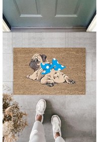 Resim Dijital Baskı Kahverengi Mavi Kurdelili Pug Kapı Paspası K-2107 