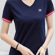 Resim Kontrast Trim V Yaka T-Shirt, İlkbahar ve Yaz İçin Rahat Kısa Kollu Üst, Kadın Giyim 