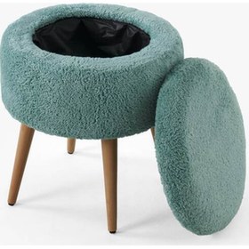 Resim Teddy Ahşap Ayaklı Sandıklı Yuvarlak Puf Makyaj Masası Pufu - Dekoratif Ayak Uzatma Pufu Yeşil 