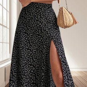Resim Boho Şık Çiçek Desenli Yüksek Bel Midik Etek - Yan Yırtmaçlı, Hafif Polyester, Kahverengi Ditsy Çiçekli Tasarım, İlkbahar/Yaz İçin Gündelik ve Zarif Kadın Modası | Çiçek Baskılı Yüksek Bel Midik Etek | Dokuma Desen 