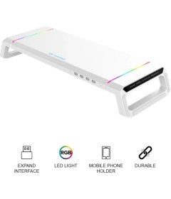 Resim Rgb Işıklı Laptop Sehpası ve Mönitör Standı, 4 USB Hub, Telefon Tutuculu 