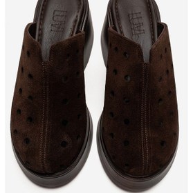 Resim Luvishoes Nıves Kahverengi Süet Hakiki Deri Delikli Kadın Dolgu Topuklu Terlik Kahverengi 