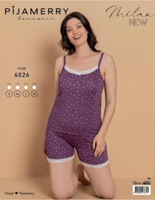 Resim Pijamerry Kadın İp Askılı Milan Kumaş Likralı Şortlu Pijama Takımı 6026 - 1 Adet Mor 