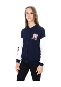 Resim Toontoy Kız Çocuk Mavi Kolej Yaka Çıtçıt Kapama Düşük Omuz Nakış Baskılı Renk Bloklu Örme Hırka - 2 İplik Şardonlu Lacivert 