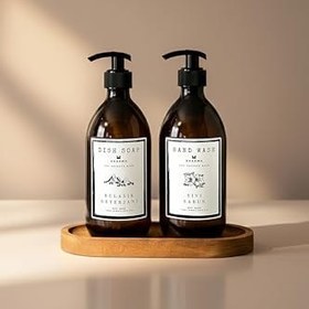 Resim KHAKMA Oval Ahşap Stantlı 2'li Amber Cam Sıvı Sabun Bulaşık Deterjanı Şişesi Sabunluk 500ml BB HD ST 