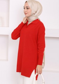 Resim CLOUDY WEAR&DESİGN Kadın V Yaka Polo Uzun Kol Yırtmaçlı Basic Tesettür Triko Kazak 