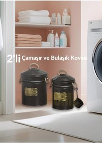 Resim 2'li Set Deterjan Kovası Çamaşır Bulaşık Kutusu Ölçekli Galvaniz Metal Siyah Siyah 
