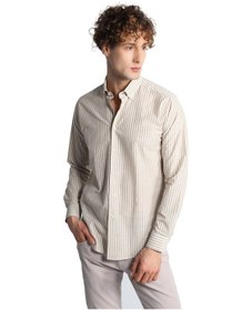 Resim Bej Dynamic Fit Düğmeli Yaka Çizgili Uzun Kollu Cepsiz %100 Pamuk Gömlek-16251 Bej 