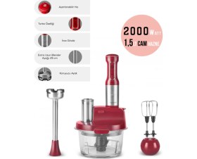Resim Kırmızı 2000W Çok Işlevli Mutfak Robotu, Çırpma, Dilimleme, Doğrama, Blender 