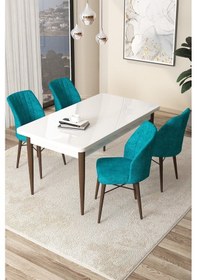 Resim Canisa Concept Arp Serisi Sabit Mutfak Masası Takımı 70x110 Beyaz Ceviz Masa 4 Turkuaz Sandalye Masa Beyaz/ Sandalyeler Turkuaz 