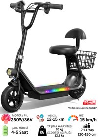 Resim Sportaj Harley Elektrikli Çocuk Scooter Oturaklı Sepetli Led Işıklı 7-11 Yaş 250 W 36V 