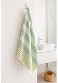 Resim Çizgili Peştemal Plaj Havlusu %100 Pamuk Yıkanmış 100x180 Cm Marenza Yeşil 