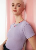 Resim Asfa Moda Kadın Fitted/vücuda Oturan Bisiklet Yaka Crop Fitilli Esnek Örme Bluz 