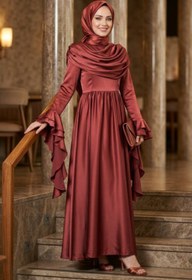 Resim N.S NEVA STYLE Saten Gül Kurusu Tesettür Abiye Elbise 55461GK 