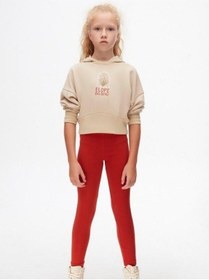 Resim Kız Çocuk Pamuklu Orta Kalınlık Kapüşonlu Crop Sweatshirt-14707 Vizon 