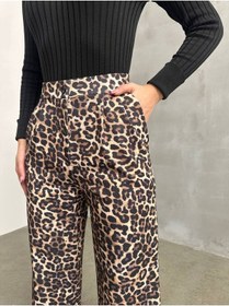 Resim Premium Leopar Desenli Palazzo Pantolon Yüksek Bel, Oversize Bej 