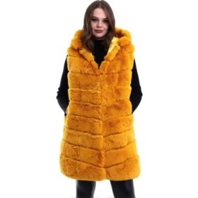 Resim Deridün Yıldız Shoes Kapşonlu Peluş Kürk Yelek Premium Kalite, Tam Astarlı, Uzun Model - Sarı 