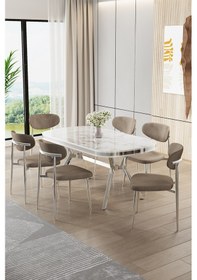 Resim Canisa Olya Serisi 90x168 Lak Panel Beyaz Mermer Desenmasa Takımı Krom Ayaklı 6 Cappucino Sandalye Masa Beyaz Mermer Cappucino Sandalye 