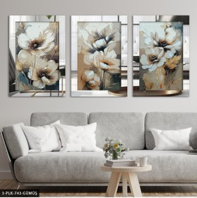 Resim Burshe Gold Yapraklı Beyaz Çiçek 3 Parça Gümüş Pleksi Aynalı Tablo 