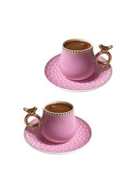 Resim 6 Kişilik Pembe Kuş Detaylı Lüks Türk Kahvesi Fincanı - 90 Ml Diğer 