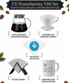 Resim VESTRON Kahve Demleme Tanışma Seti V60|Sürahi|Stand Ve V60 Kağıt|Kupa Bardak|5li Set 