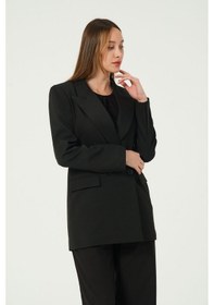 Resim Siyah Regular Astarlı Kruvaze Kapama Dokuma Blazer Ceket 001 