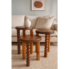 Resim Ahşap Mantar Sehpa 3lü Set Fındık Renk Fiskos Sehpa Takımı 