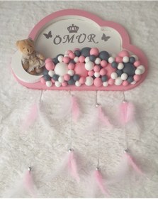 Resim ALMİRA BABY DESİGN BY YASEMİN US Pembe Beyaz - Top Süslemeli - Ayıcıklı - Ledli Ahşap Kapı Süsü 