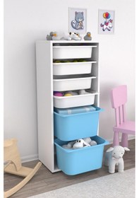 Resim Sepetli Oyuncak Dolabı Mavi Beyaz 2 Büyük 4 Küçük Beyaz - Mavi 