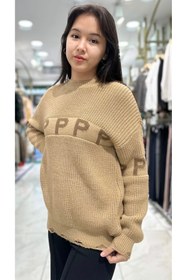 Resim Minimoda Kids Kız Çocuk Yırtık Detaylı P Desenli Kazak 